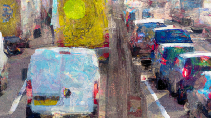 3 queues of vehicles part of a lorry on left, a white bvan behind a yellow lorry in the middle and a queue of cars on the right. In a watercolour style with fumes distorting image