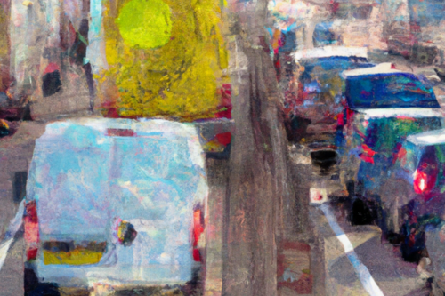 3 queues of vehicles part of a lorry on left, a white bvan behind a yellow lorry in the middle and a queue of cars on the right. In a watercolour style with fumes distorting image